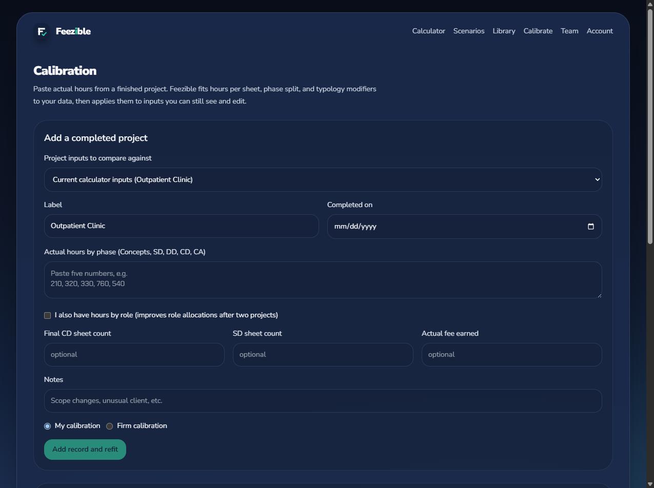 The Calibration page: a form for adding a completed project's actual hours on the left, and the fitted profile with before-and-after error on the right.